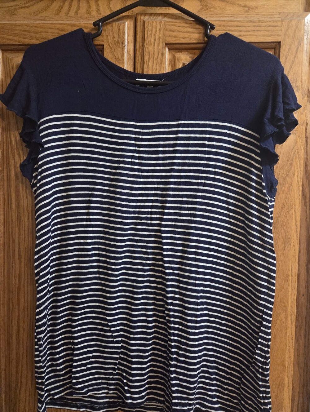 Maurices Navy and White Striped Ruffle Sleeve Tee